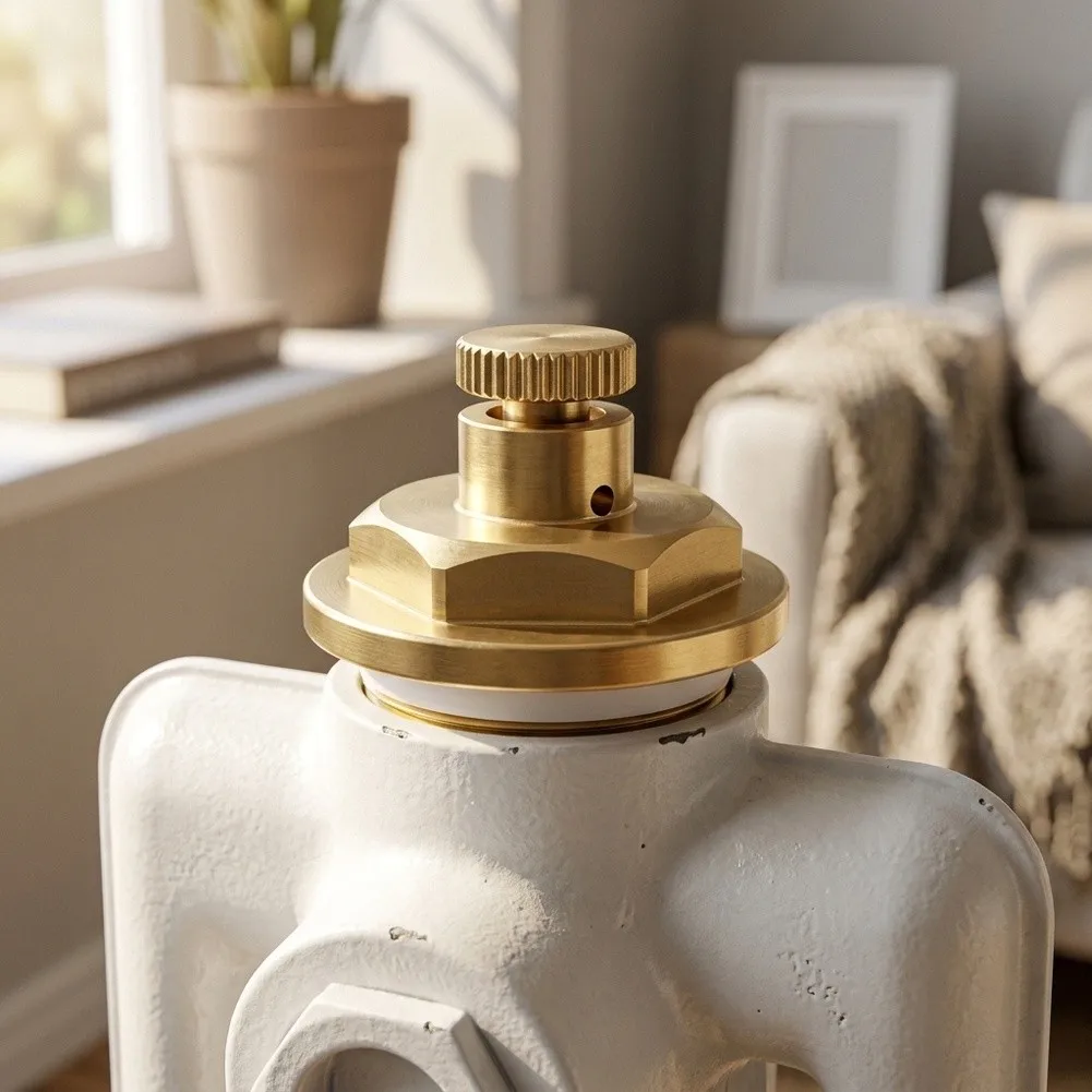 All-Copper Radiator End Cap with Manual Air Bleed Valve for Use in Radiator Systems Requiring Periodic Air Removal