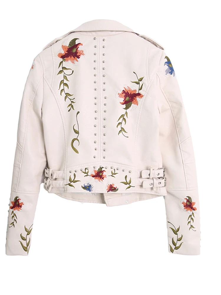 Women Pu Floral Print Embroidery Faux Soft Leather Jacket Coat  Turn-down Collar Casual Pu Motorcycle Black