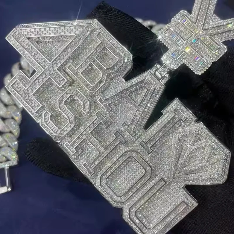 JEWE-Colgante con nombre de letra cursiva para hombre, pincel personalizado, cadena de Hip Hop con moissanita, diamante, roca, joyería de rapero única