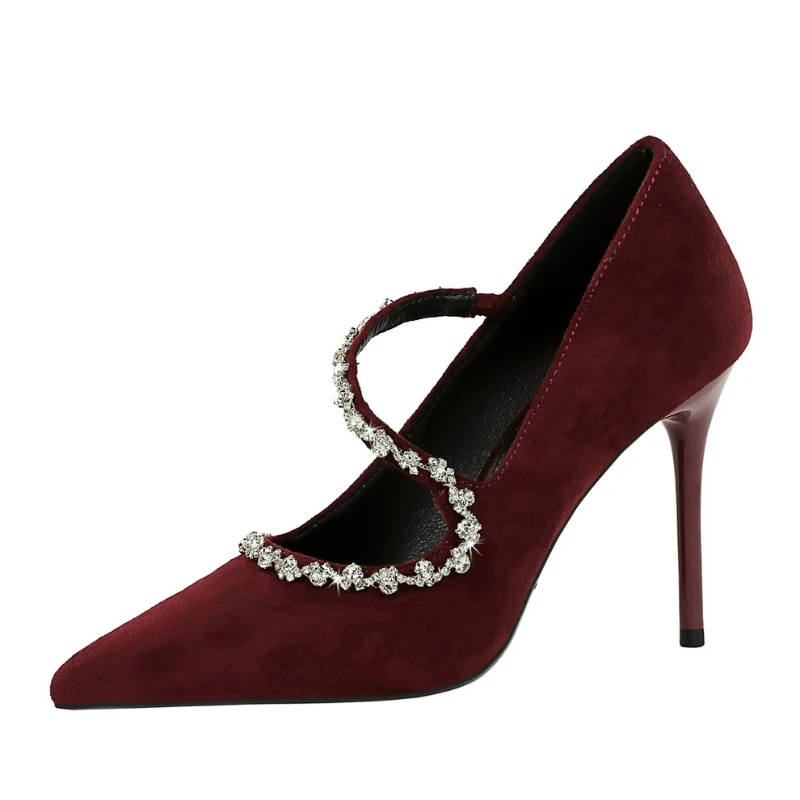 European American Banquet Pointed Toe High Heels Diamond Chain One-Strip Thin Heel Super High Heels Light Mouth Elegant Lace-Up