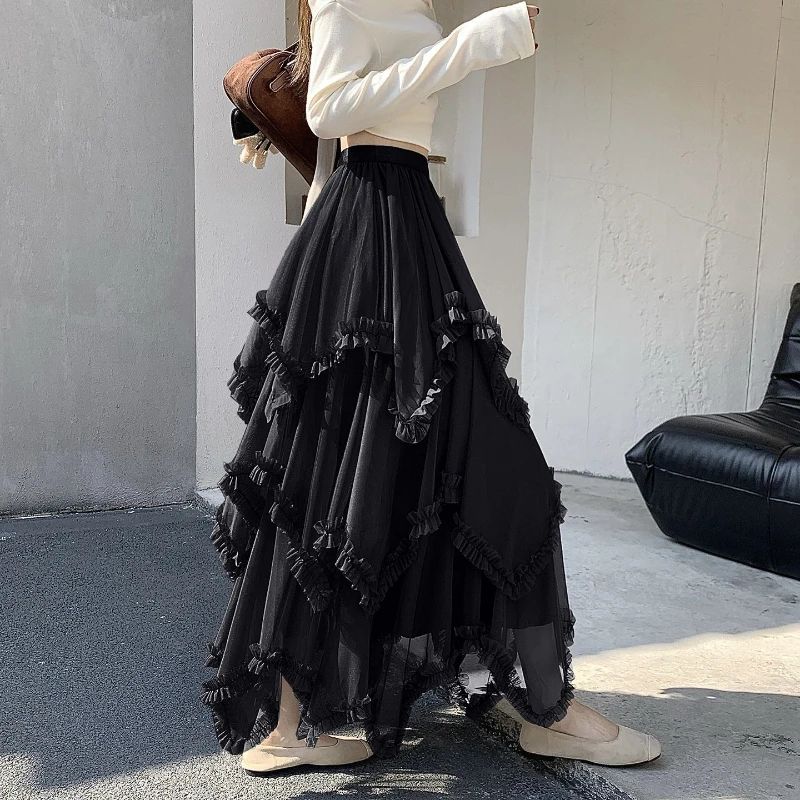 

Асимметричная многослойная пышная расклешенная юбка миди из тюля для весны-лета 2026