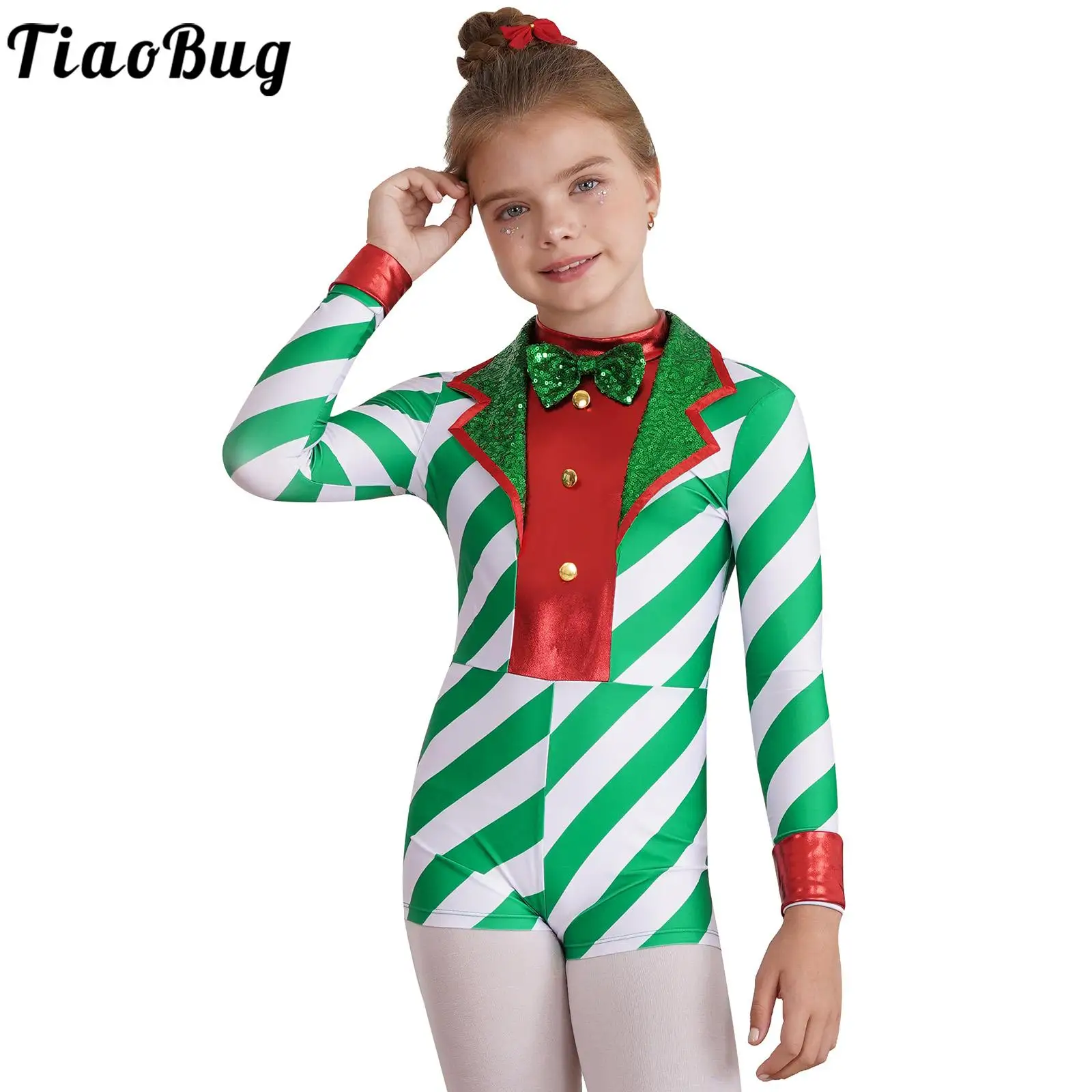 

Kids Girls Christmas Elf Cosplay Costume Long Sleeve Sequins Tuxedo Dance Unitard Bodysuit Santa Sweetie Fancy Dress Up