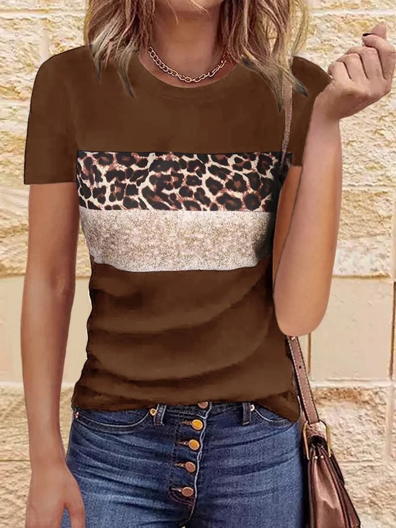 Women Summer Casual Leopard Printed Tee Shirt Casual O Neck Short Sleeve Tops Ladies Basic Classic Tee Shirt