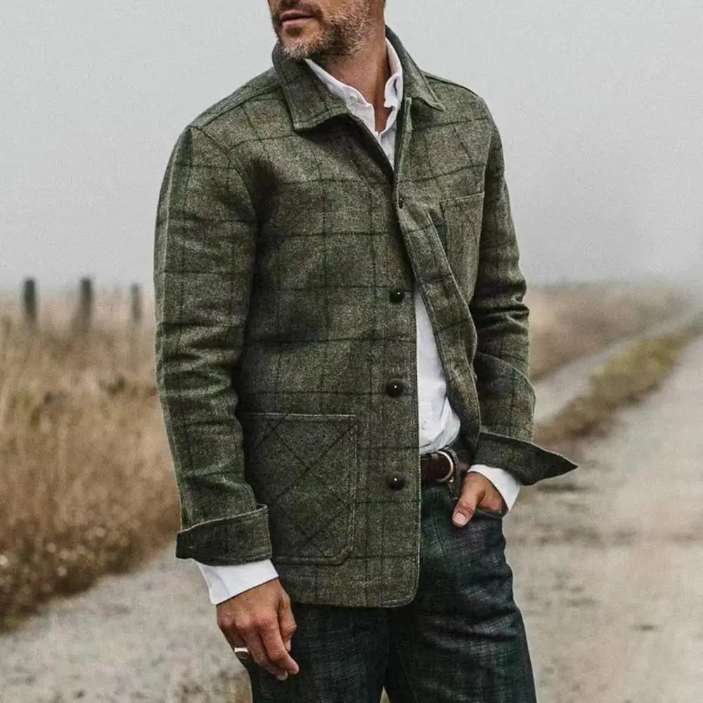 

Single Breasted Men Jacket Plaid Print Lapel Jacket Coat with Patch Pocket for Men Single Breasted Outwear for A Stylish Look