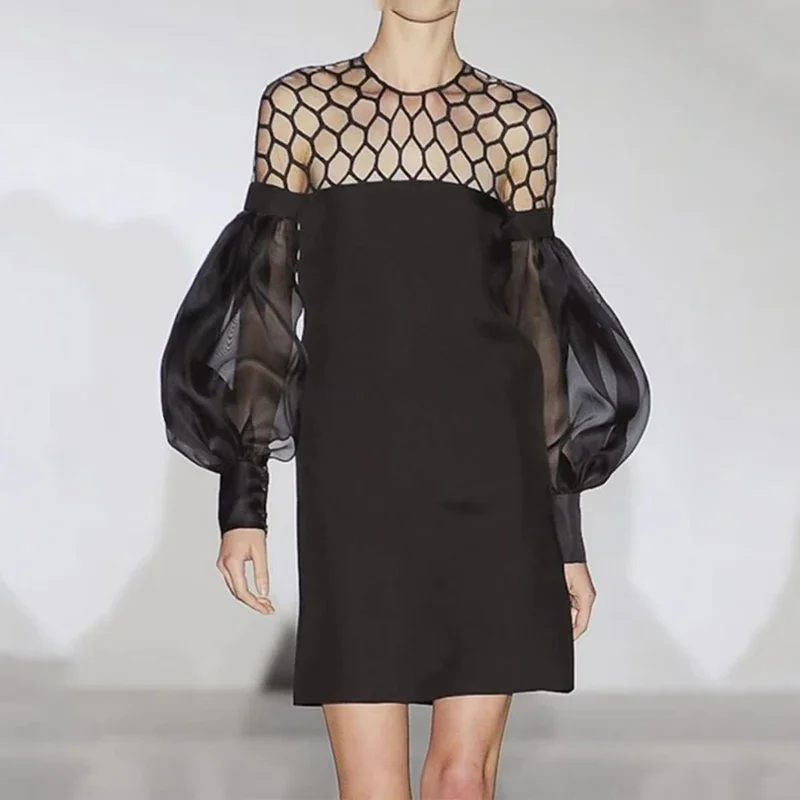 Gymystars Avondjurk Lange mouwen Mini-jurken Mode Temperament Mesh Doorzichtige O-hals Pofmouwen Elegante feestjurken