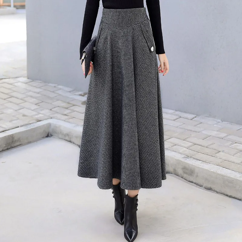 High Waist Vintage Plaid lattice Warm Wool Long Skirt For Women 2023 Elegant Casual Big Swing A-Line Saias Longas Female