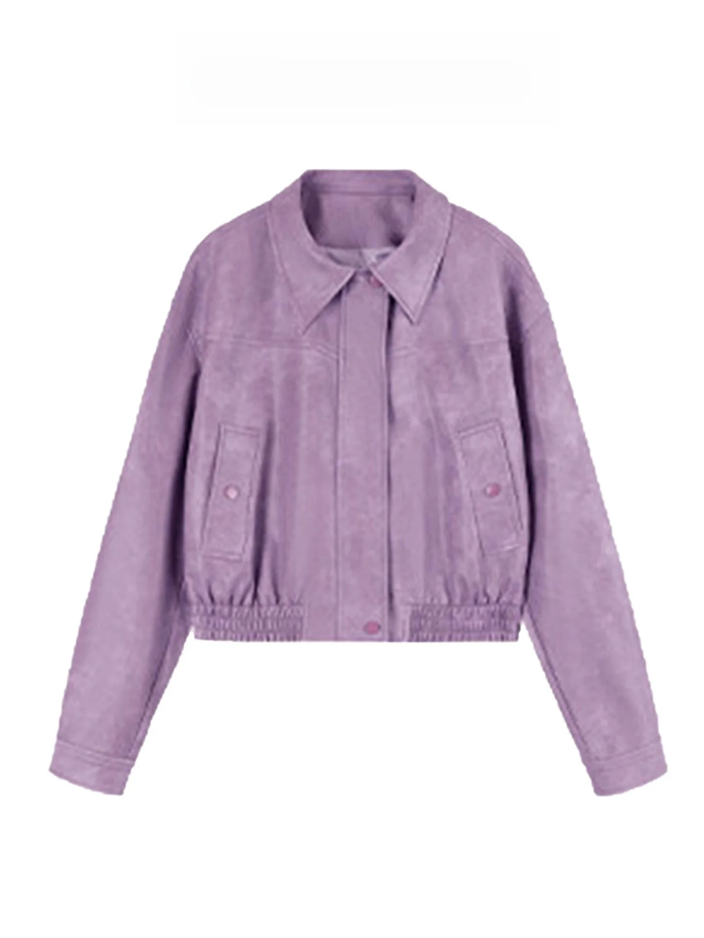 Dopamine Purple Women's Short Jacket Casual Loose Fit Long Sleeve Button Closure Polyester Lined Short Length Fashionable Mot...