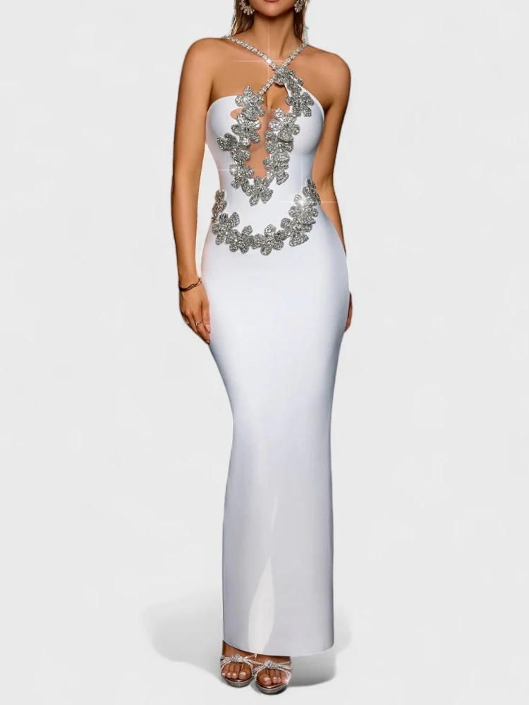 

Sexy Spaghetti Strap Diamonds Flower Bandage Dress Women White Sleeveless Sparkly Crystal Floral Bodycon Dresses Evening Party