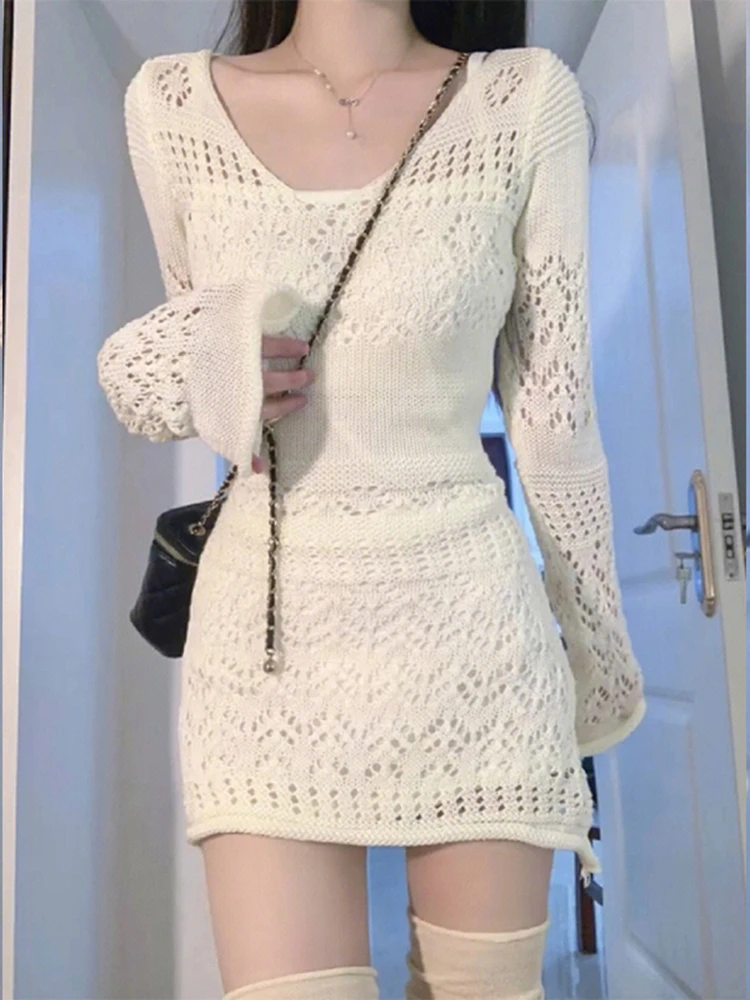 

White Long Sve Hollow out Knitted Dr Women's High Waist Bodycon ort Skirt Ele High-End Feeling Spicy Girl Dr