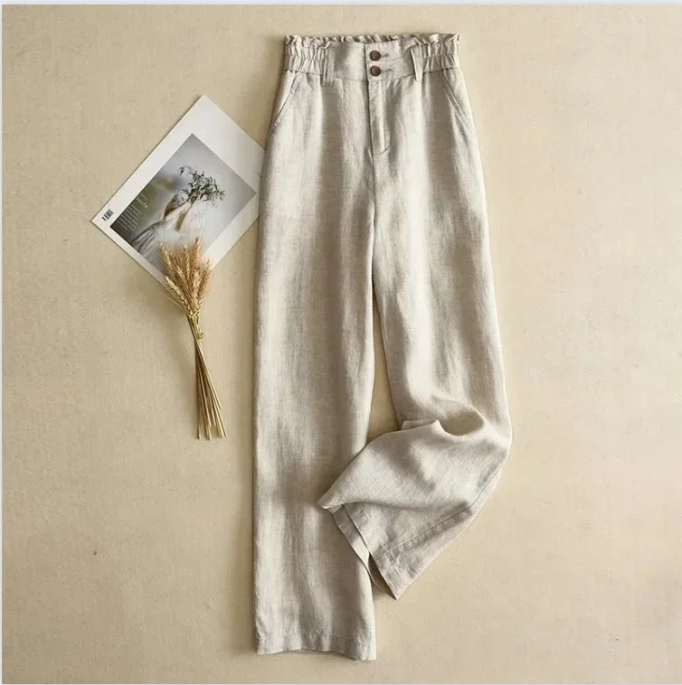 Y2K Beige Solid Casual Basic High Waist Linen Wide Leg Loose Women Pants  Fashion Length Pants for Women 2024 Spring