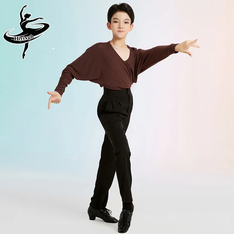 Boys Latin Dance Clothes Brown Long Sleeves Top Black Pants Child ChaCha Training Wear Ballroom Dance Practice Clothing