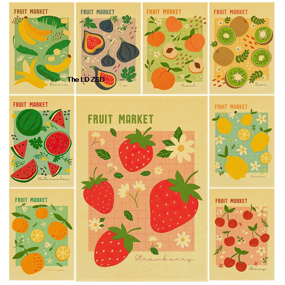 

Fruit market Poster Strawberry Lemon Orange Banana Landscape Kraft Paper Room Living Aesthetic Kawaii Gift Home Decoration