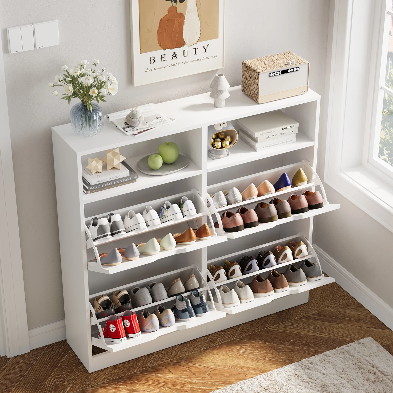 Shoe Storage Cabinet with 4 Flip Drawers, Freestanding Shoe Cabinet