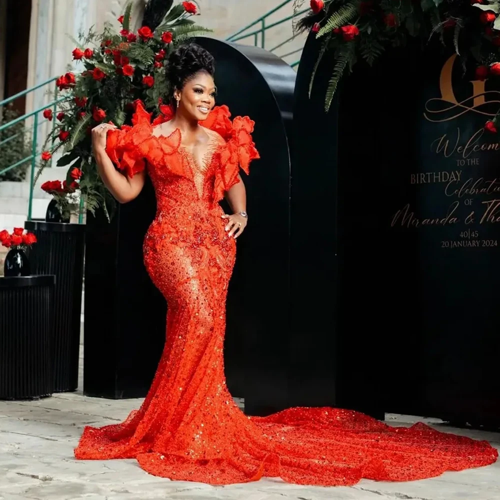 Romantic Red Beaded African Prom Dresses 2024 Luxury Sequins Lace Aso Ebi Wedding Reception Dress Black Women Formal Gowns Gala