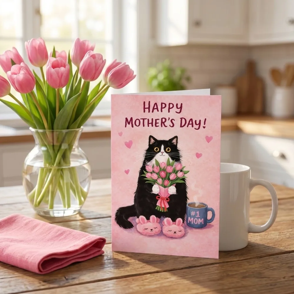 Cats Holding Pink Tulips Mother's Day Greeting Card with the Words Novelty Whimsical Card Paper Surprise Invitation Card