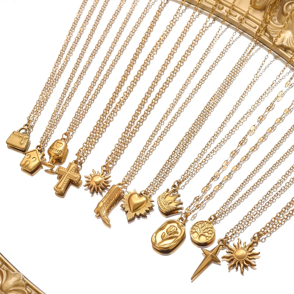 Jolivie Stainless Steel Cross Sun Charms Necklace For Women Gold Color Heart Flower Pendant Necklaces Women Trendy Neck Jewelry
