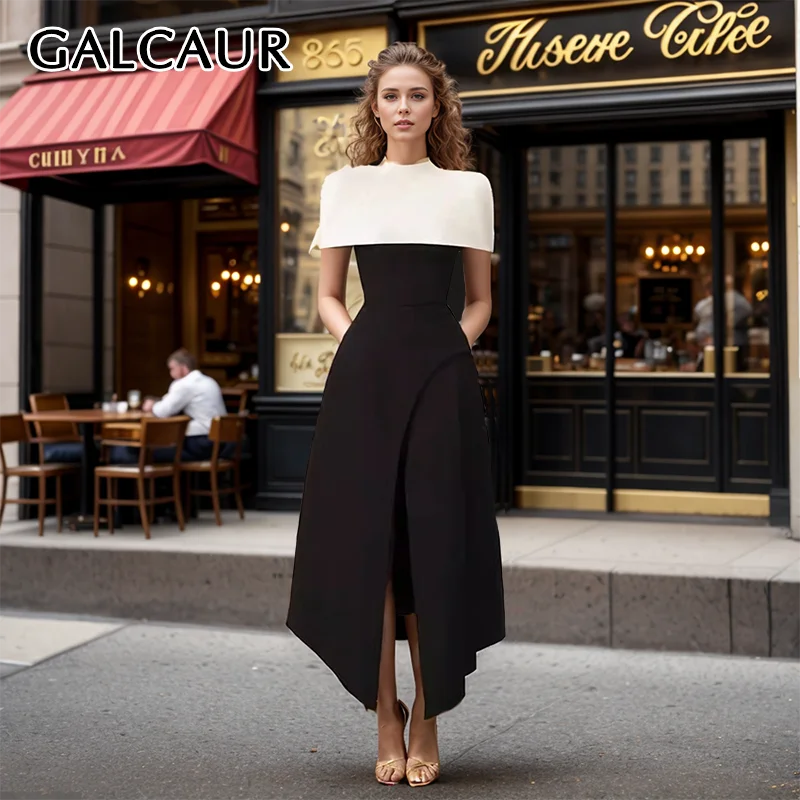 

GALCAUR Elegant Hit Color Pleated Party Evening Dress Women Spliced Shawl Sleeveless High Waist Slimming Dresses Female Autumn