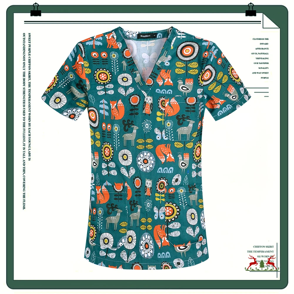 Tandheelkundige Tandarts Uniform Dames 3 Pocket Shirts V-Hals Cartoon Print Scrub Tops Heren Medische Verpleegkundige Uniformen Scrubs Blouse