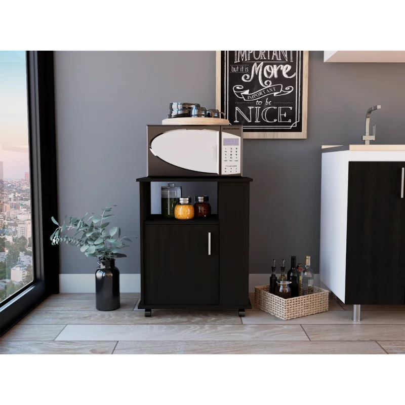 

Alixeperss Store Lower Microwave Pantry 29" H, Single Door Cabinet, One Open Shelf, Three Side Shelves, Black