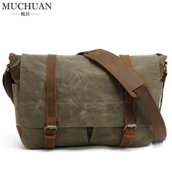 Retro batik canvas with cowhide shoulder bag casual crossbody men's waterproof computer bag messenger bag