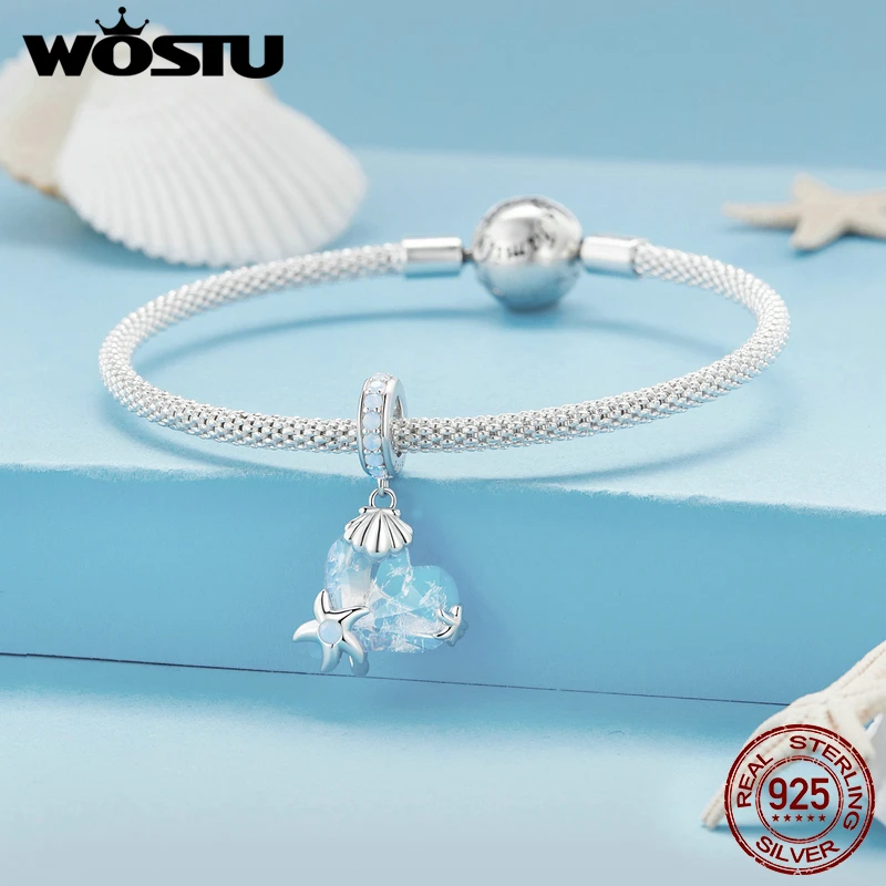 WOSTU 925 Sterling Silver oceaniczny światowy żółw koraliki z muszli łańcuch bezpieczeństwa serca tęczowe kryształowe amulety dopasowane do DIY