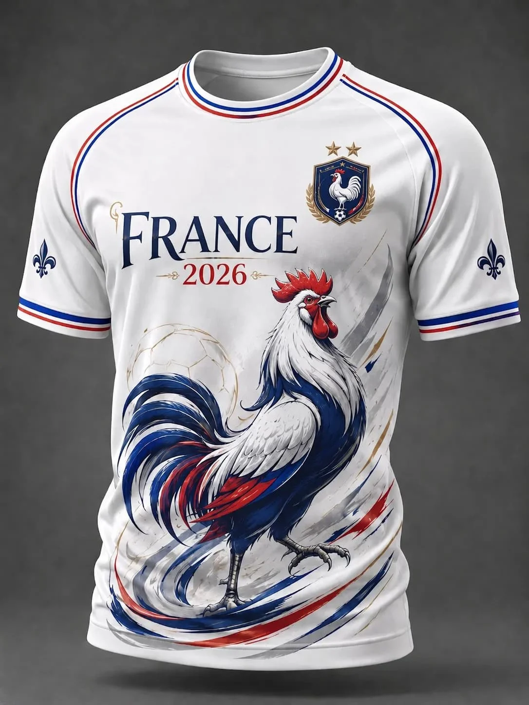2026 France National Soccer Jersey Two Star Gallic Rooster Brush Print Raglan Short Sleeve Football T-Shirt Men Fan Sport Top