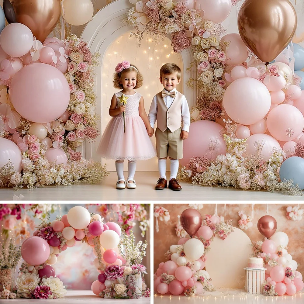 

White Pink Arch Balloon With Flowers Photography Backdrop Kids Adult Portrait Props Baby Girl Birthday Photocall Backgrounds