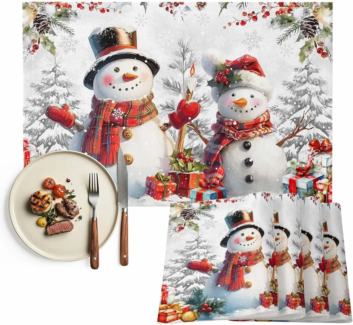 

Christmas Snowman Snowflakes Linen Placemats Set Kitchen Decor Farmhouse Winter Holiday Kitchen Placemats Navidad Decorations