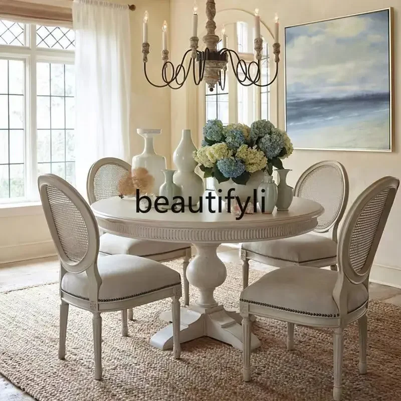 

French small apartment European round table dining table Nordic modern simple light luxury household solid wood tables chairs74