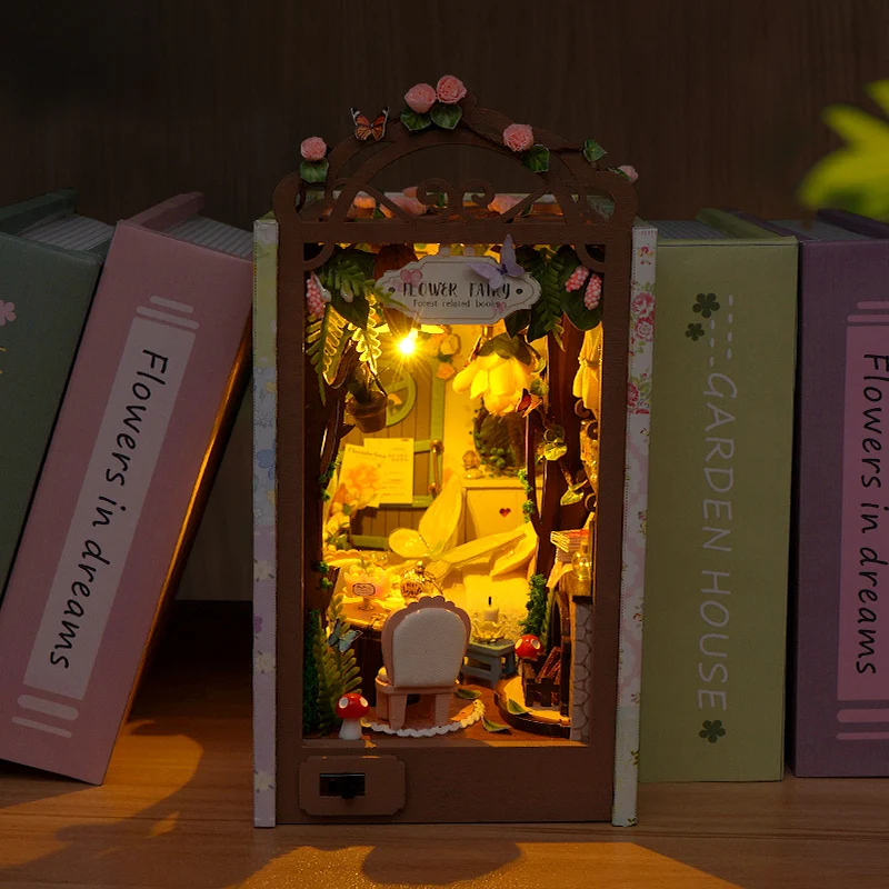 Kit de inserción de estante de rincón de libros de madera DIY, sujetalibros de Hada de las flores, Kits de modelos en miniatura con luz, regalos de cumpleaños para amigos