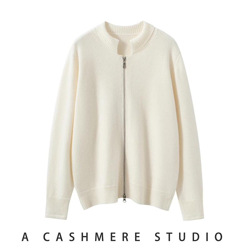 

Autumn Winter Women Cashmere Zipper Sweater Shell Collar Cardigan 100% Cashmere Knit COS Style Warm Loose Popular Top Coat