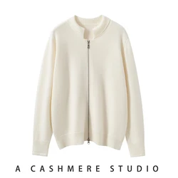 Autumn Winter Women Cashmere Zipper Sweater Shell Collar Cardigan 100% Cashmere Knit COS Style Warm Loose Popular Top Coat