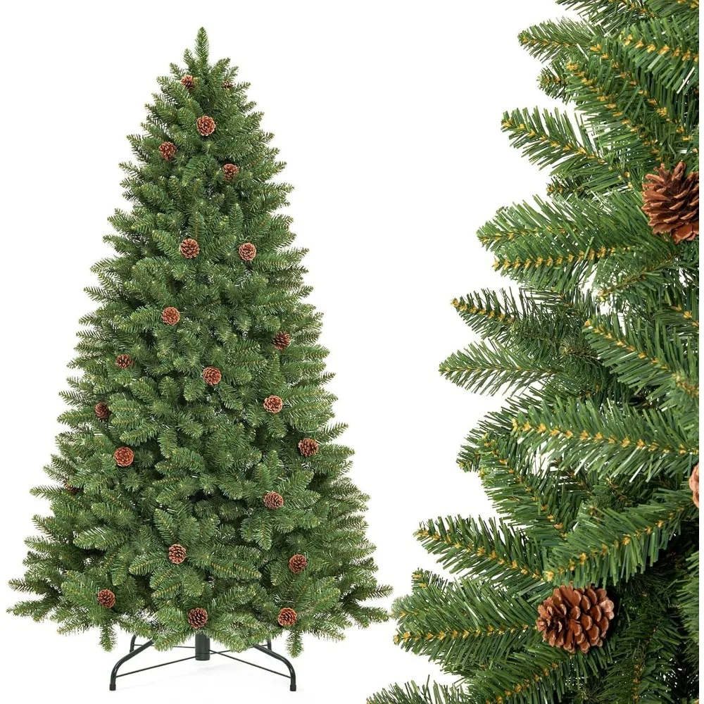 

6-Foot Unlit Green Christmas Pine Tree with Pinecones and Metal Stand for Indoor Holiday Decorations