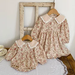 Vestidos de princesa de manga larga para niños, ropa de algodón con estampado Floral, peleles de fiesta para niñas pequeñas, ropa para Hermanas, otoño y primavera