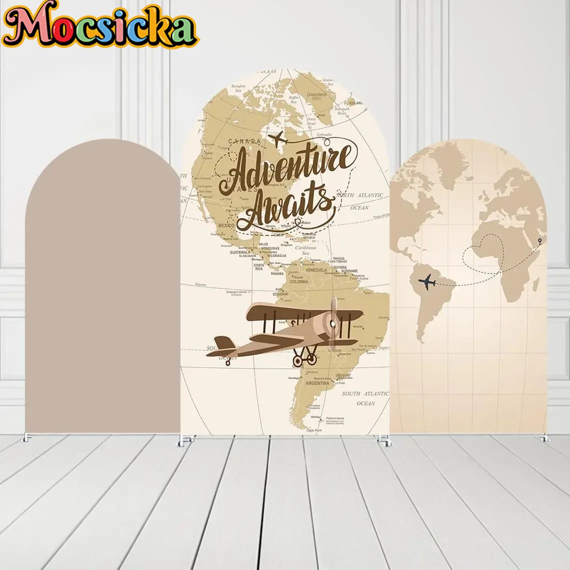 Mocsicka 2-Sided غطاء قوس خريطة السفر العالمية الطائرات الديكور خلفية استحمام الطفل قوس جدار طفل حفلة عيد ميلاد صور راية