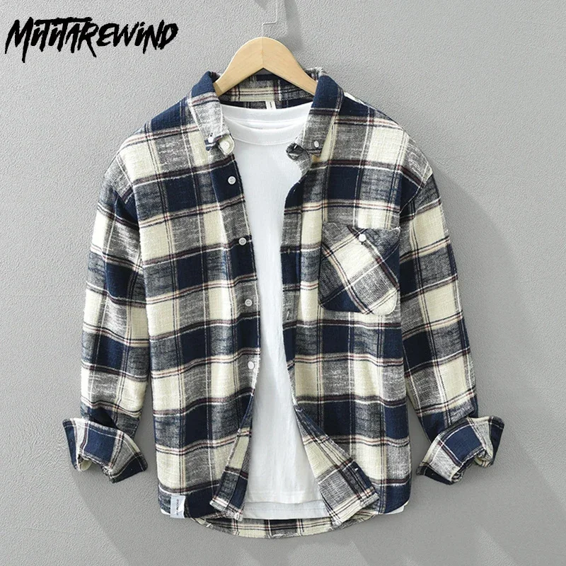 

Классическая клетчатая рубашка в японском стиле, мужская весенне-осенняя повседневная рубашка с длинным рукавом, мужская рубашка из чистого хлопка с лацканами и карманами, свободные топы