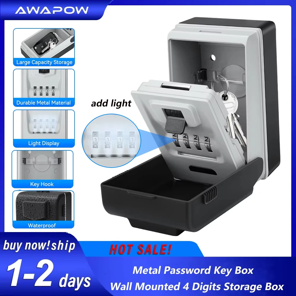 

Awapow Metal Password Key Box Wall Mounted Large Capacity 4 Digits Storage Keybox With Light Waterproof Anti Theft Safe Lock