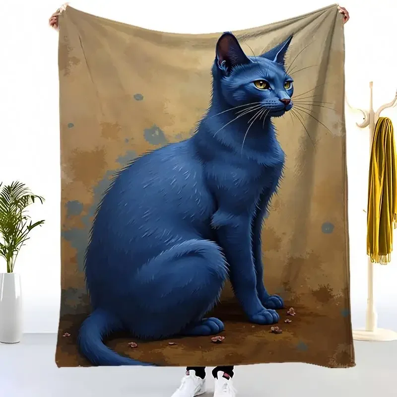 

Super King Size British Shorthair Cat Print Throw Blanket Turquoise Golden Luxury Bedspread Plush Flannel Soft