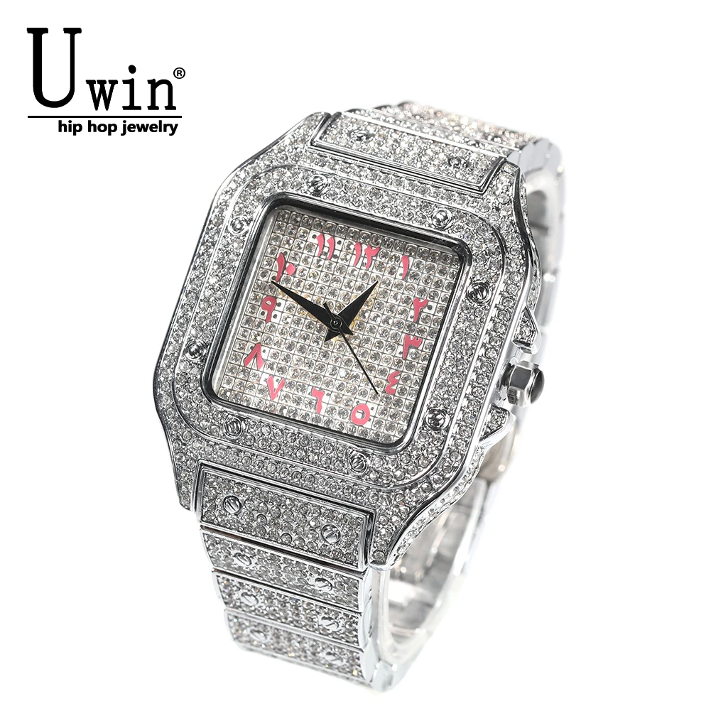 

UWIN Men Watch Iced Out Square Diamond Pink Blue Numbers Quartz Luxury Fashion Wrist Watches Roman Clock Relogio Masculino