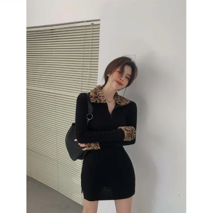 Korejepo 2024 Autumn Winter New Leopard Print Long Sleeved Temperament High End Thickened Dress Women Slim Thin Hip Skirt