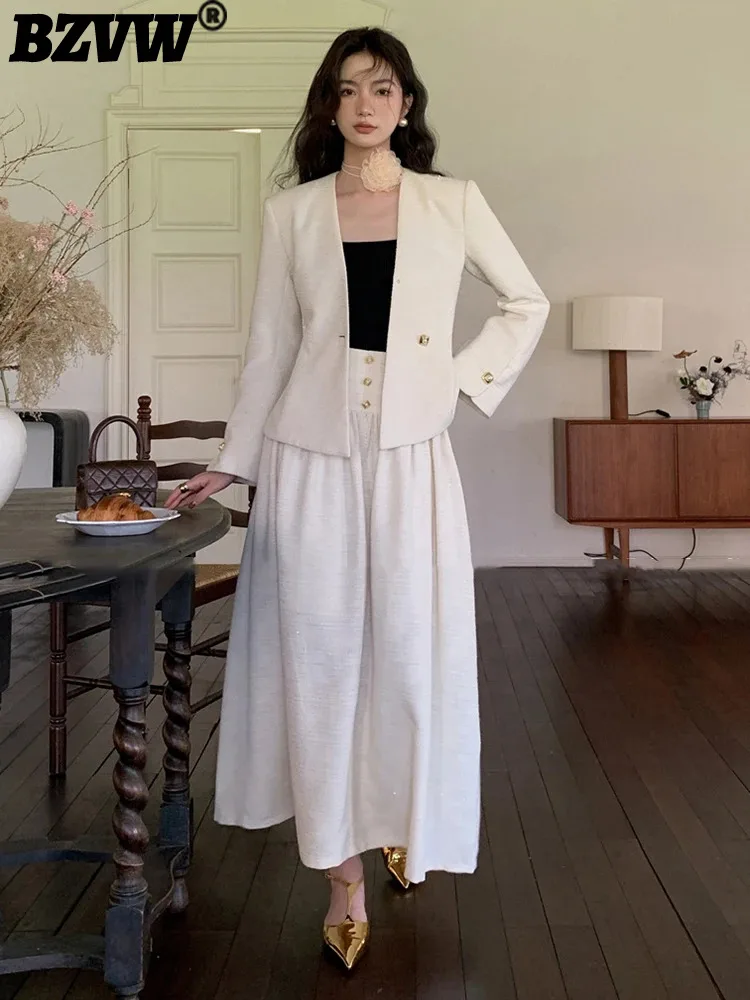 

BZVW 2024 Autumn New Korean Edition Designer Temperament Suit Two Piece Set French Irregular Button Long Dress Set For Women