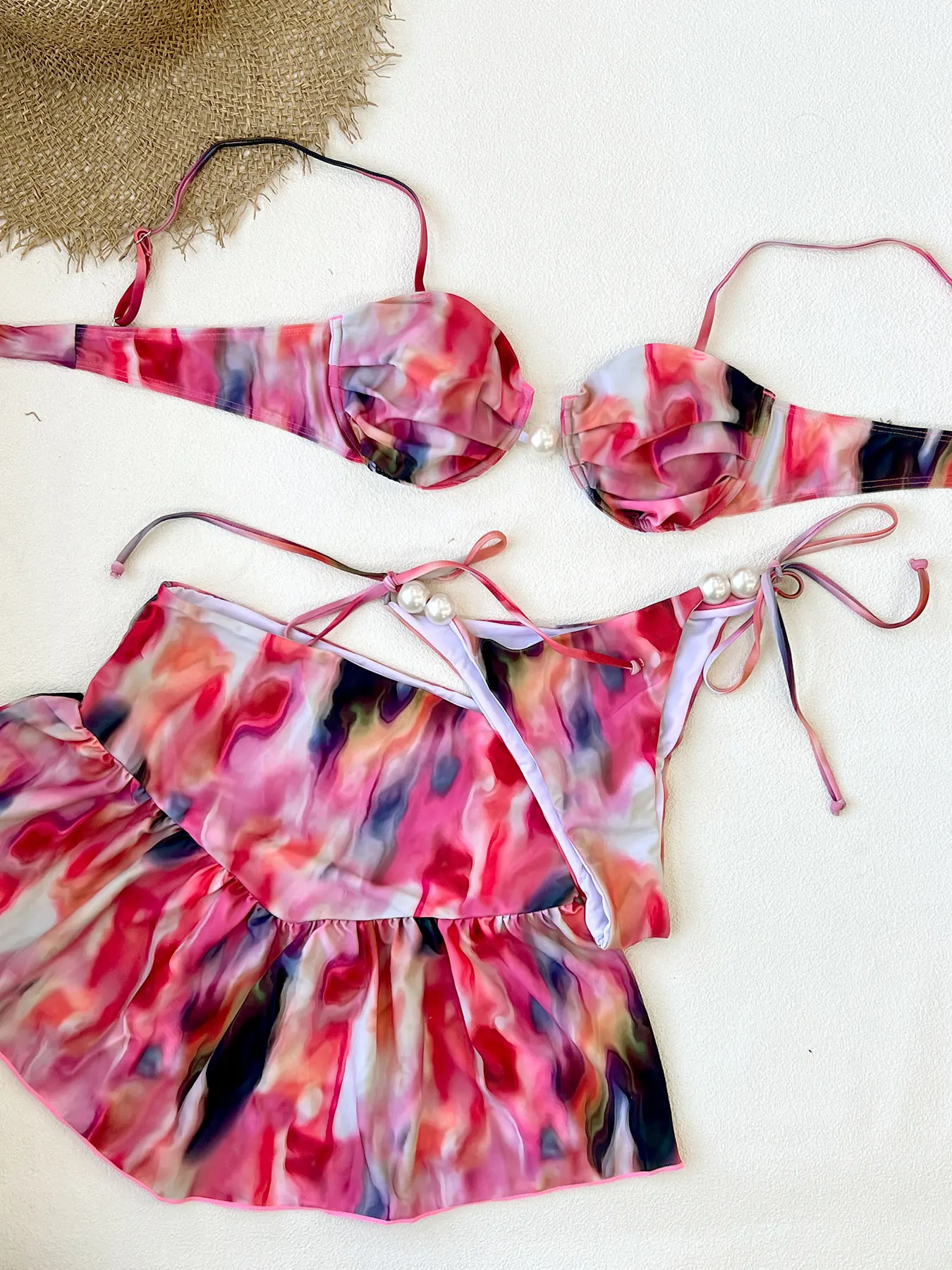 

Tie-dye Printed Bikini With Skirt Women's Swimwear Fashion Lady Pearl Decoration Biquini Swimsuit Mujer Low waist Bathing Suit