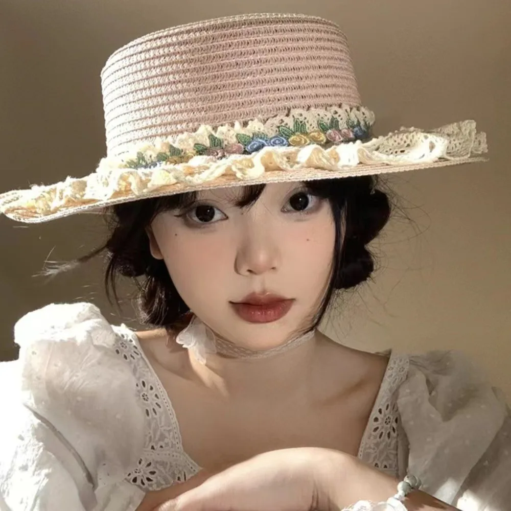 

Fashion Japanese Style Lace Floral Brim Cap Flat Top Lolita Sunscreen Hat Wide Brim Sweet Straw Woven Top Hat Beach