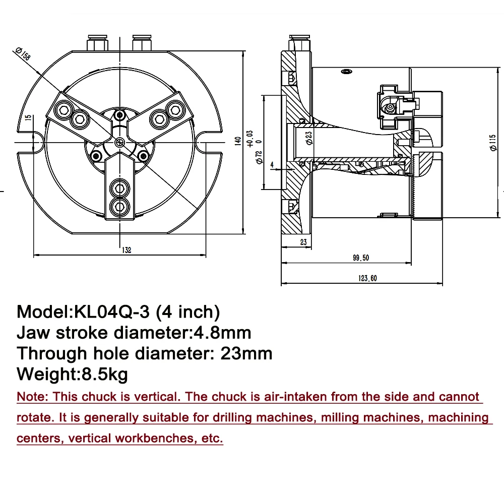 Hollow pneumatic chuck vertical 4 inch 3 jaw pneumatic chuck suitable for drilling machine and milling machine platform