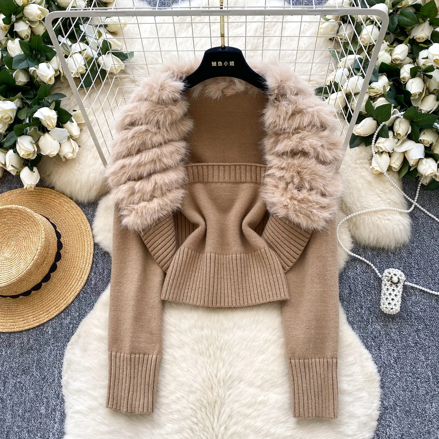 

Female Hotsweet Fur Winter Knit 2pcs Set Top Women Trendy Festival Christmas Xmas Party Dinner Banquet Date Evening Warm Sweater