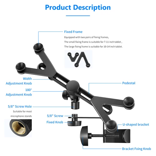 Imagen 2 del producto Soporte ajustable para tableta de 7-14 pulgadas, abrazadera giratoria de 360 grados para soporte de micrófono para Apple iPad Pro Air Mini Google Nexus