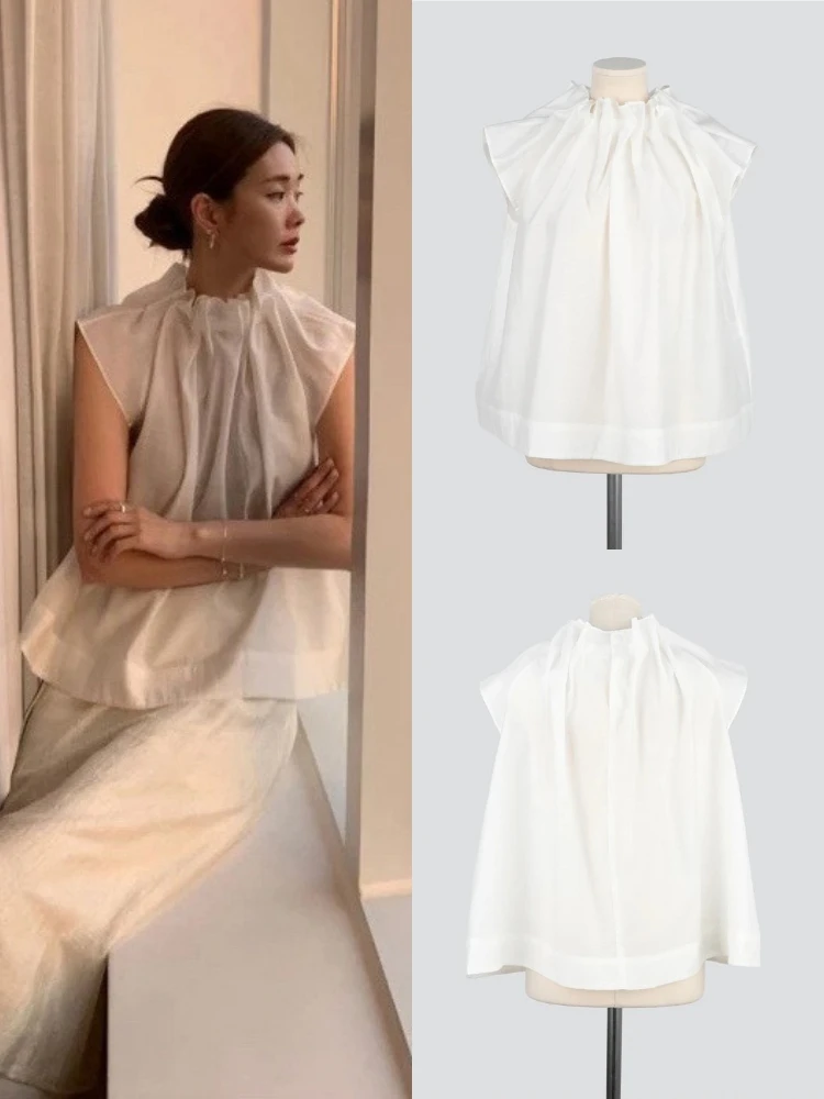 

East Gate Loose Design Sense Stand Collar Svel Women's irt Ele Pleated Top Commute Sle Pure Color Casual irt