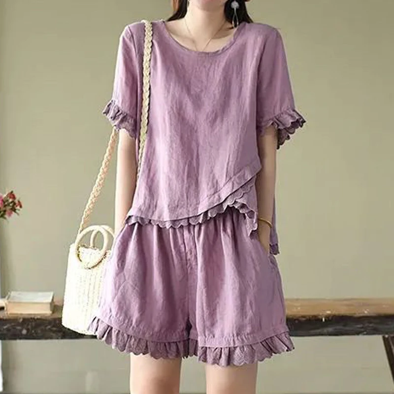 2 Piece Sets Women 2024 Summer Lace Patchwork Asymmetrical Short Sleeve Cotton Linen Tops Casual Solid Loose Beach Shorts Outfit