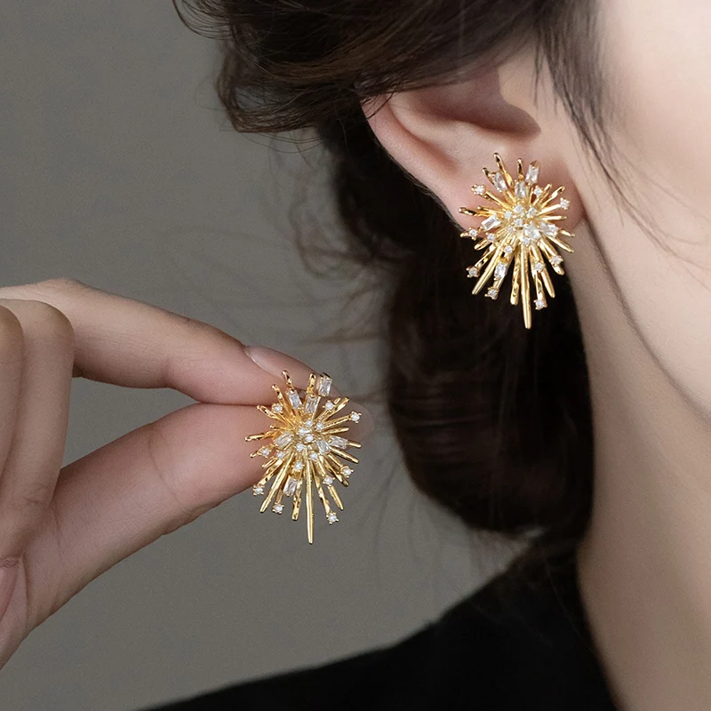 2026 Irregular Design Flower Explosion Shaped Earrings Copper Alloy Micro Inlaid Zircon Accessories Unusual Jewelry For Women