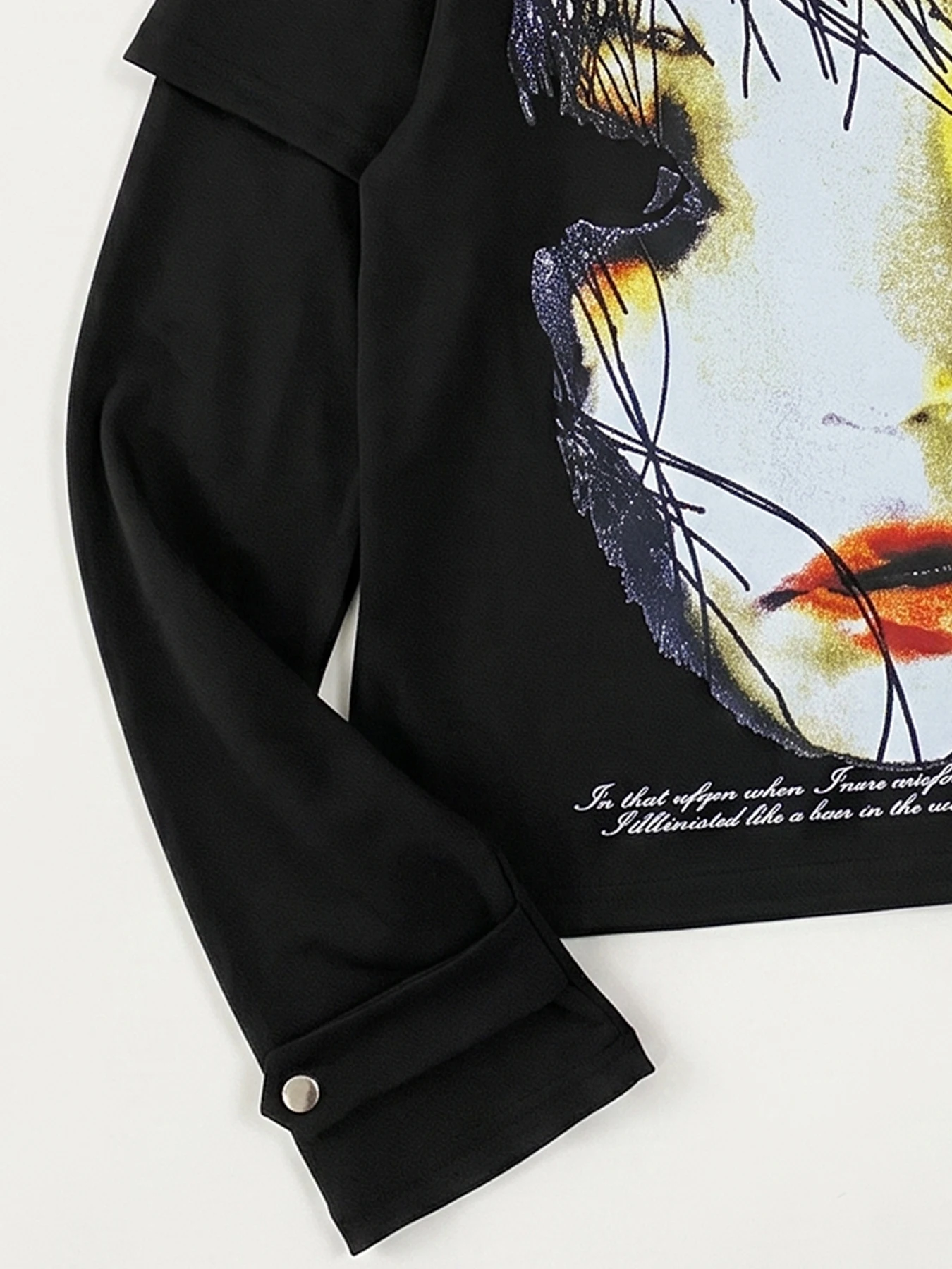Y2K Dark High Street Style Pop Art Woman Face Print Fake Two Piece Long Sleeve T-Shirt Silver Snap Button Cuff Slim Cropped Top